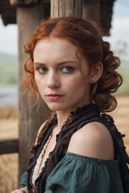 full shot photography of a pretty ginger irish girl, in the 18th century, blue eyes, messy victorian updo hairstyle, curly locks of hair pending over her shoulders, wearing a (dirty filthy ragged used pirate outfit:1.2), looking around her, detailed face, detailed hands, indecent dynamic pose, (angry rebelious smug expression:1.2), outside a tavern in an indonesian rustic fisher village, exquisite natural backlighting, dim light, rim light, low key, soft shadows, depth of field, photorealistic, analog film grain, rule of thirds, golden number, 8K, masterpiece