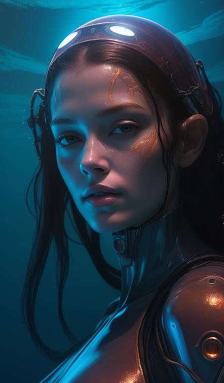 biblical cyborg girl, glowing veins subsurface scattering, deep sea of planet jupiter, underwater photography, by gerald brom, by mikhail vrubel, by peter elson, muted colors, extreme detail, trending on artstation, 8 k