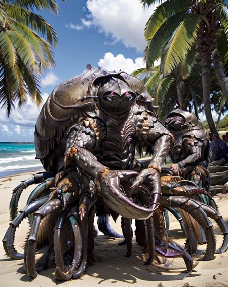 garthim, giant bug, large shell, crab legs, claws, full body,  at the beach tropical, ocean view,   <lora:Garthim_Dark_Crystal:1>