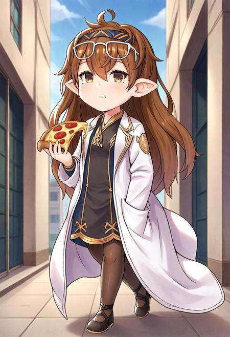 gbf-alspia, harvin, brown hair, long hair, brown eyes, hairband, mole under eye, eyewear on head, white-framed eyewear, gbf-alspia outfit, labcoat, black dress, brown pantyhose, black footwear,  gbf-alspia, harvin, brown hair, long hair, brown eyes, hairband, mole under eye, eyewear on head, white-framed eyewear,