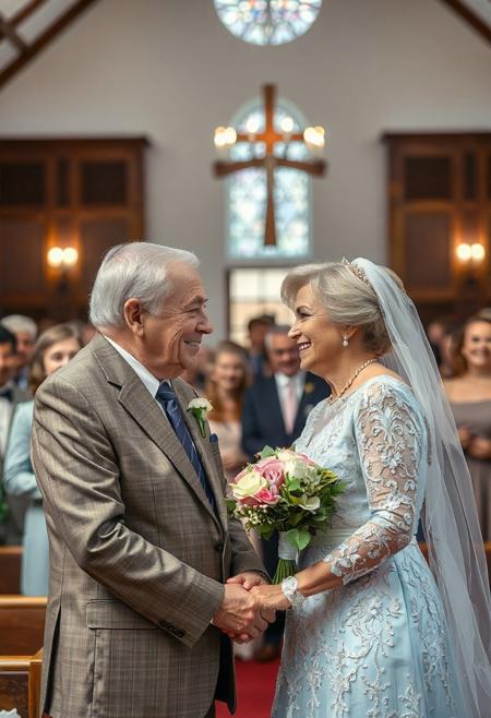 50th golden wedding anniversary remarriage, chapel, 75yo cute man in suit, 70yo beautiful woman in light blue wedding dress, make up, looking at each other, holding hands at the altar, smiling, crowd of younger family members watching happily, close up on husband and wife