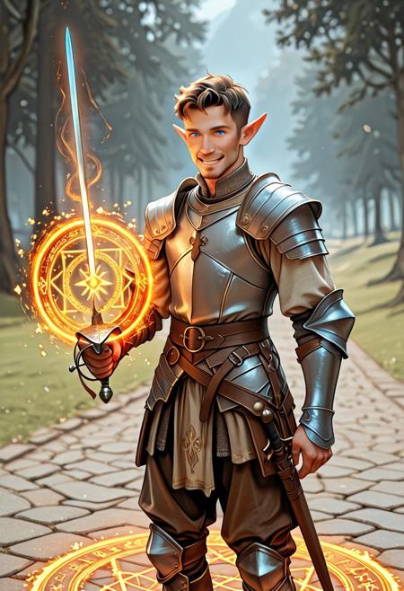 score_9_up, score_8_up, score_7_up, score_6_up. masterpiece, best quality, good quality, very aesthetic, absurdres, semirealism, RapierXL, fantasy, 8K, depth of field, focused subject, Elf knight:1.3, 19yo male, adult , androgynous, pointed ears, short brown hair, male haircut, blue eyes, wearing detailed armor, knight's armor, casting spell,red magic circle, smile, he is standing, holding sword, rapier, weapon, blue glowing sword, park
