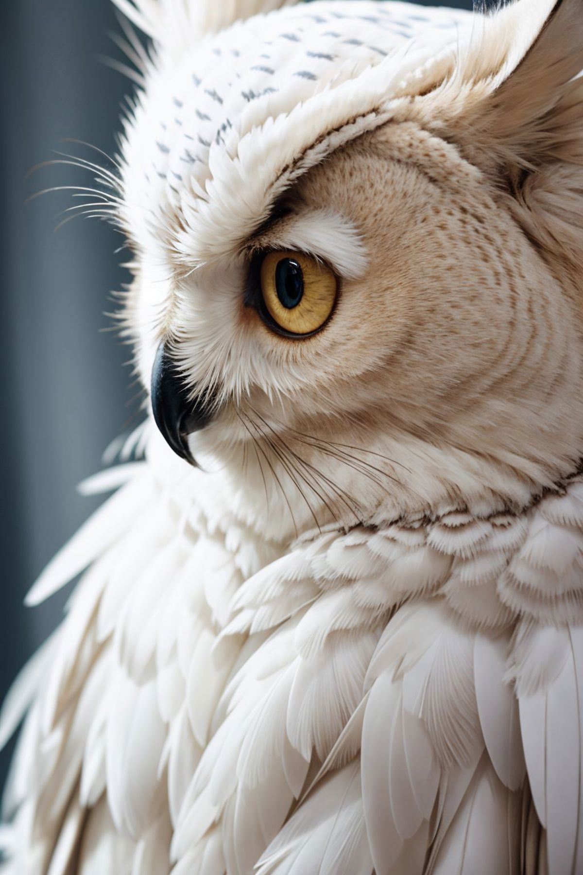 A close-up of a white owl with yellow eyes.