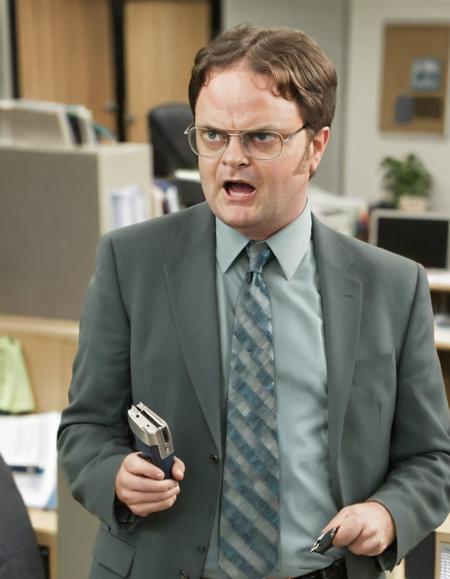 dwightschrute portrait photo of a man wearing glasses and gray suit with blue shirt, holding a stapler, angry, standing in the office, high quality, very sharp, professional photography <lora:hjdwightschrute_v10xl:0.8>