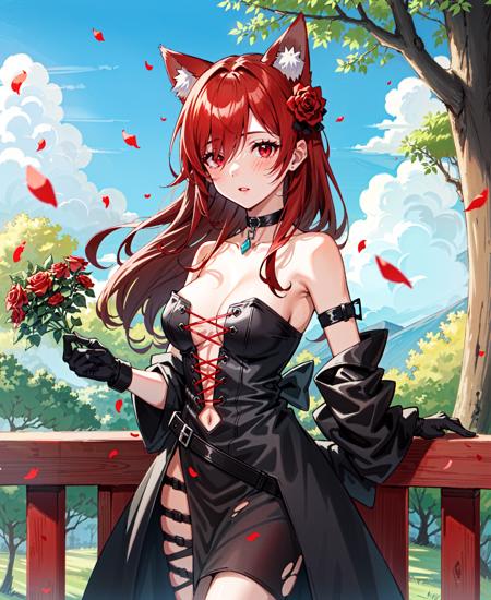 1girl, flower, rose, dress, red eyes, hair flower, hair ornament, long hair, solo, red hair, black dress, single glove, gloves, holding, outdoors, holding flower, red nails, tree, petals, animal ears, torn clothes, parted lips, looking at viewer, black gloves, nail polish, hair over one eye, red flower, red rose, bare shoulders, strapless dress, standing, cat ears, breasts, stitches, glowing, scar, choker, torn dress, strapless, black rose