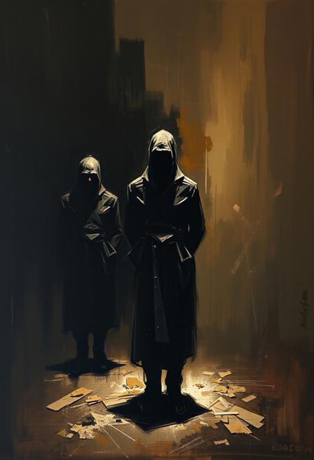 Impasto painting in a strong, moody chiaroscuro style.  Solemn figures stand in dim light, their features obscured by thick, sculptural paint.  Earthy palette, dynamic composition, deep texture, and strong contrasts create a dramatic atmosphere.