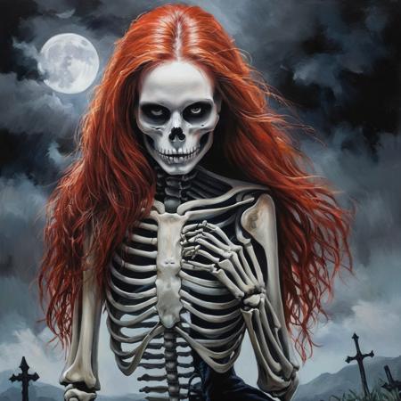 Dark Fantasy Art of  <lora:Dark Art Painting Style:1>
a painting of a skeleton woman with long red hair dark art painting style, dark, moody, dark fantasy style