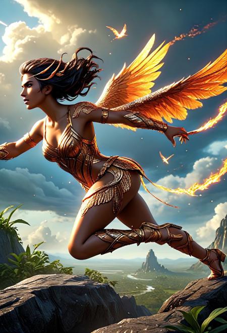 High upon a craggy cliff overlooking the primordial expanse of the Verdant Wastelands stands Zuri, a fierce Amazonian huntress clad in naught but the hides of beasts she herself has felled. Her bronzed skin glows with the luster of health and vitality, each curve and contour sculpted by countless trials and triumphs.
Long raven tresses cascade down her back, whipping about wildly as gale-force winds tear at her garments. Yet still she remains unmoved, rooted firmly to the stone as though carved from it herself. Eyes of molten amber bore into the roiling heavens, witnessing the unfolding apocalypse with stoic detachment.
Around her, pandemonium reigns supreme. Swarms of panicked fauna converge upon her sanctuary, desperate to escape the wrath of the skies.
concept art, digital artwork, illustrative, painterly, matte painting, illustration, best quality,  masterpiece, double exposure, fantasy, beautiful, painterly, detailed, textural, artistic, aesthetic, intricate details, highly detailed, ultra-detailed, absurdres, unreal engine, octane rendering, high saturation, high contrast, vivid, vibrant, volumetric lighting, sharp focus, 
aid291, midjourneyv6.1, 
diamondMW, countless diamonds