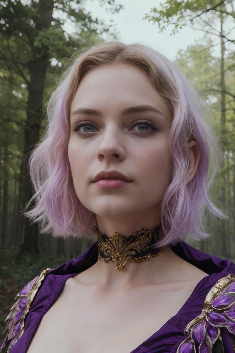 A young woman with purple hair and a black choker necklace posing in the woods.