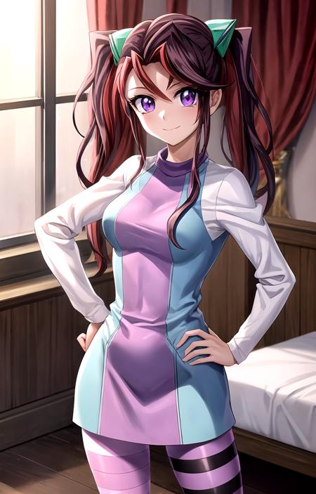 masterpiece, best quality, best aesthetic, anime, ultra detailed, yu-gi-oh! arc-v,
akaba_ray, 1girl, solo, long hair, twintails, purple eyes, long-sleeved shirt, hair ornament, dress, (pantyhose, striped legwear:1.2), thigh strap, cowboy shot, (smile, closed mouth:1.2), looking at viewer, hand on hip, bedroom, sunlight, window, <lora:rayakaba_yugioh_arcv-10:te=1:lbw=OUTALL:unet=1@0,0.7@0.5,0.8@0.8>, <lora:more_details:te=1@0,0.7@0.5,0.8@0.8:unet=0.5@0.5>  :1.0