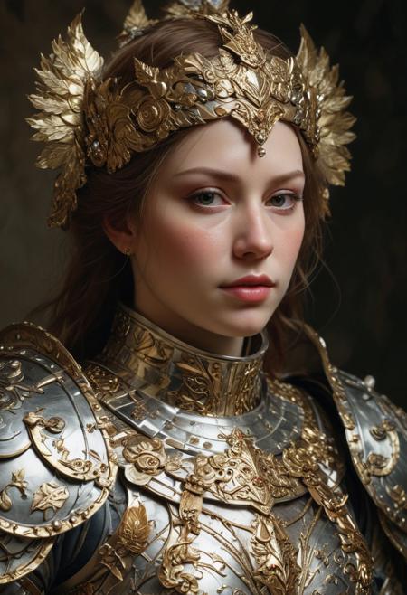 Full shot, Symmetrical Front view of the most beautiful female armor of the world, top light, low saturation, highly detailed,  masterful painting in the style of Anders Zorn | Marco Mazzoni | Yuri Ivanovich, Jeff Simpson, oil on canvas