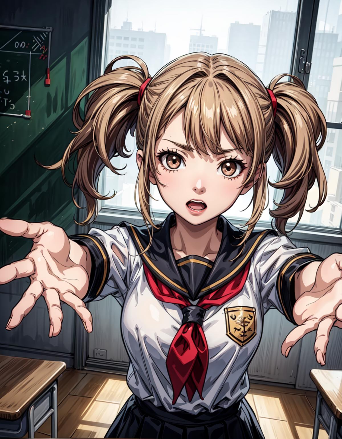 A girl with pigtails wearing a sailor shirt and a red tie with an emblem on the front.