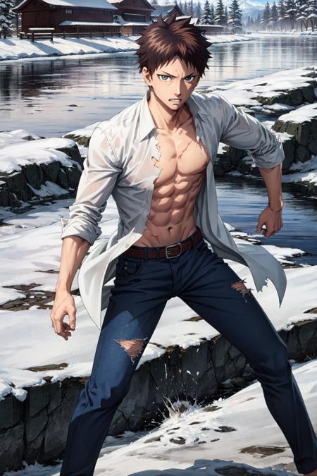 kunato hyouma\(mononogatari\), solo, looking at viewer, green eyes, brown hair, 1boy, white shirt, male focus, (torn shirt:1.2), (clenched hand), open clothes, belt, pants, open shirt, scar, abs, injury, scar on chest, shrine, snow, remaining snow, clenched teeth, fighting stance