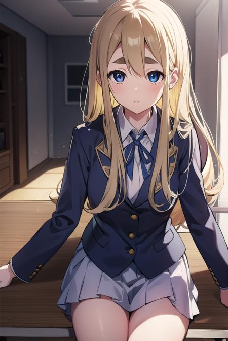 tsumugikotobuki, <lora:tsumugikotobukitest:1>,
tsumugi kotobuki, blonde hair, blue eyes, long hair, thick eyebrows, eyebrows,
BREAK sakuragaoka high school uniform, school uniform,
BREAK looking at viewer,
BREAK indoors, classroom,
BREAK <lora:GoodHands-vanilla:1>, (masterpiece:1.2), best quality, high resolution, unity 8k wallpaper, (illustration:0.8), (beautiful detailed eyes:1.6), extremely detailed face, perfect lighting, extremely detailed CG, (perfect hands, perfect anatomy),