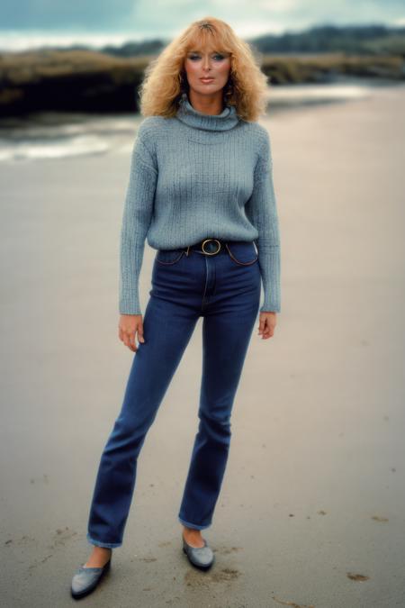 A sfw telephoto color photo of sybildanning woman walking on the beach dressed in a thick tight sweater and long dark blue denim jeans, 1980s, Zeiss 100mm F1.4, award-winning photo, (masterpiece:1.2), (best quality:1.2), ultra high res, beautiful, (intricate details), unity 8k wallpaper, ultra detailed, aesthetic, perfect lighting