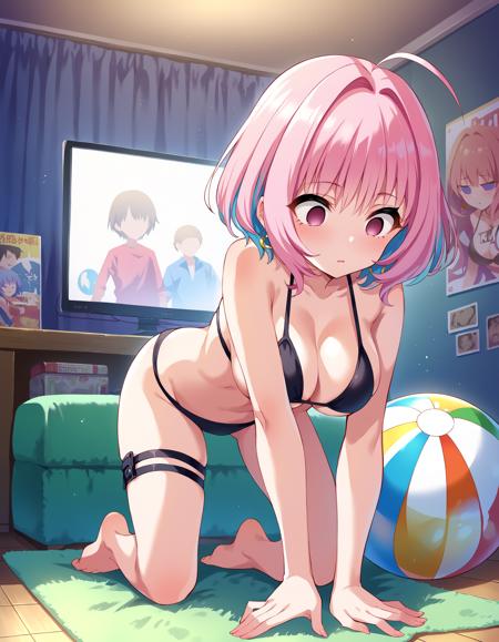 ymmram, ymmram, short hair, multicolored hair, pink hair, blue hair, hair intakes, ahoge, pink eyes, large breasts, score_9, score_8_up, score_7_up, source_anime,