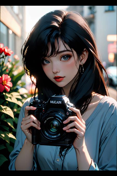 a woman taking a picture with a camera in a store window display of flowers and greenery in the background,1girl,camera,solo,holding camera,blurry,looking at viewer,holding,blurry background,shirt,white shirt,black hair,lips,smile,depth of field,brown hair,realistic,long hair,black eyes,nose,upper body,closed mouth,bokeh,lens flare,medium hair,dutch angle,bangs,
Best quality,masterpiece,ultra high res,<lora:chaoren 1:0.5:lbw=exceptfacehigh>,