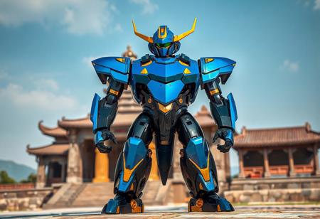 "The Ally of Justice Field Marshal robot stands tall and proud, its sleek blue and black body accented with gold, adding a touch of elegance. The head features a striking blue color with a prominent yellow visor, while the arms and legs are black with gold accents, creating a harmonious balance of colors. The robot is positioned on a temple surface, contrasting beautifully with the ancient Wedju Temple in the background, emphasizing its presence and strength. Rendered in 4K with lifelike details, the image captures the robot's design with stunning clarity. The lighting is cinematic, with a dynamic interplay of shadows and highlights, creating a captivating atmosphere. The composition is impeccable, with a focus on the robot's intricate details and the serene temple setting."