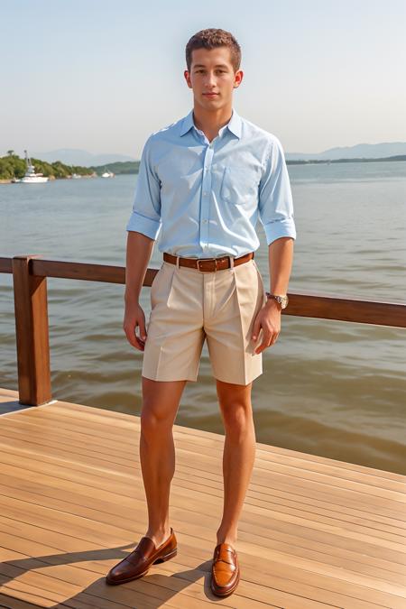 standing on a dock, standing in front of a yacht, DrakeTyler is a preppy frat guy, pastel color dress shirt, sleeves rolled up, pastel pleated shorts with brown leather belt, brown leather penny loafers, ((full body portrait)), wide angle, <lora:DrakeTyler:0.75>