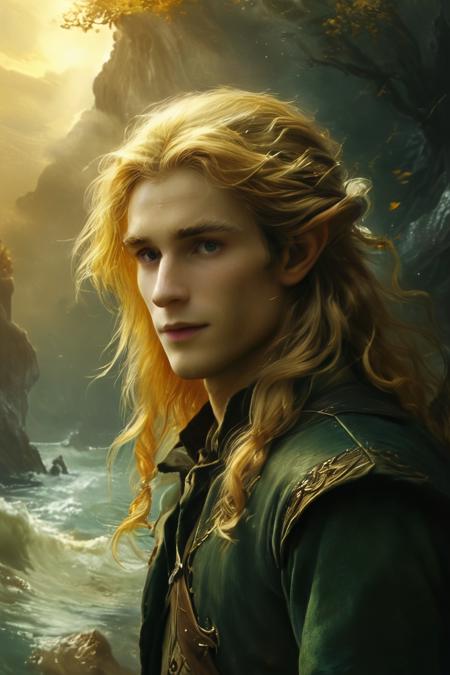 (art by michelangelo:1.3), (fantasy illustration of the world of tolkien:1.3), (male elf, long golden hair, solo:1.3) (Finrod was like his father in his fair face and golden hair, and also in noble and generous heart, though he had the high courage of the Ñoldor and in his youth their eagerness and unrest; and he had also a love of the sea and dreams of far lands that he had never seen.:0.5)
<lora:add-detail-xl:0.7> <lora:aesthetic:0.7> <lora:Into_Darkness:0.7> <lora:MJ52:0.4> <lora:ral-dissolve-sdxl:0.4> <lora:xl_more_art-full_v1:0.5>