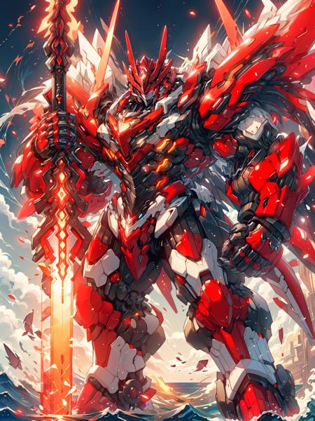 nijimecha,red mech standing in an endless sea,deep sea,mech with heavy armor,thick limbs,energy core,power armor,full armor,red mech,full red,holding,holding a sword,sword,best quality,masterpiece,no human being,v-fin,<lora:nijimecha-p8:0.7>,