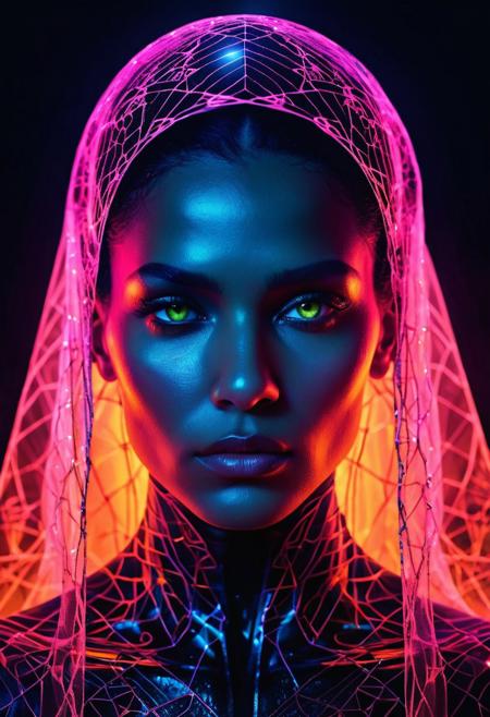 DB4RZ style painting,, menacing design. R3alisticF, A close-up of a woman's face, where a veil of dark, semi-transparent fabric is adorned with neon lights that trace intricate patterns and geometric designs. The neon lights pulse with a soft, ethereal glow, contrasting with the dark fabric of the veil. Her eyes, gazing out from behind the veil, hold a mix of mystery and quiet strength. The background is a mix of shadows and neon light, creating a tech noir aesthetic. The overall feel is one of futuristic elegance and a dark, alluring mystery. The focus is on the interplay of light and shadow on the neon-lit veil. Strange energy signatures pulse from within the fortress, suggesting a mastery of technology far beyond human comprehension, a power that seems to be channeled through the woman at its center. The surrounding space is eerily silent, devoid of any signs of life or civilization, adding to the sense of mystery and wonder that surrounds the obsidian structure.