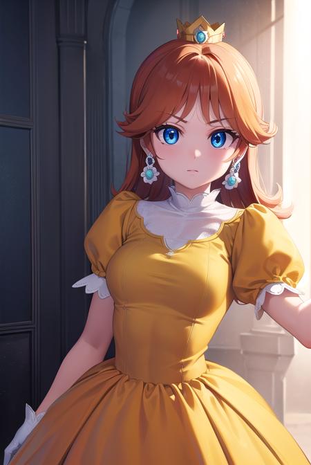 princess daisy, blue eyes, long hair, orange hair, crown, daisy, dress, flower, gem, gloves, orange dress, puffy short sleeves, puffy sleeves, short sleeves, white gloves,