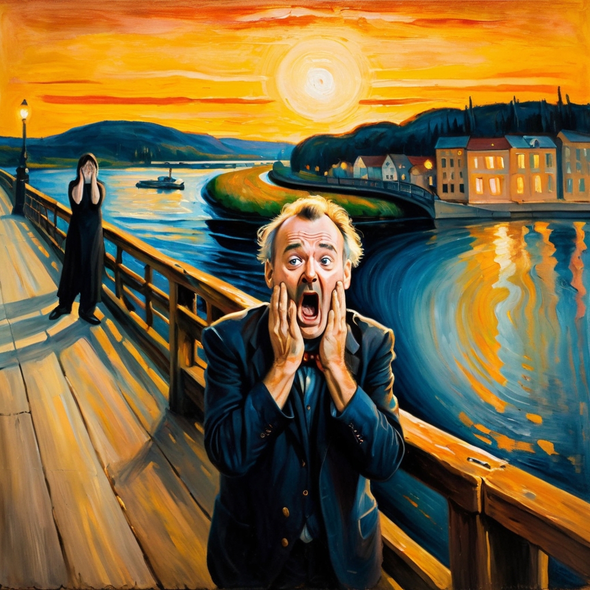A painting of a man yelling with a red sun in the background.