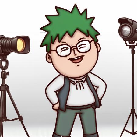 fat ,glasses,Cartoon style, a male character striking a cool pose in a photo studio. The character is confidently smiling, with stylish hair and trendy clothing. The studio background includes professional lighting equipment and a camera on a tripod, with a white backdrop. Emphasize bright colors and exaggerated, lively expressions typical of cartoons,green hair,rage,<lora:oniman:0.85>