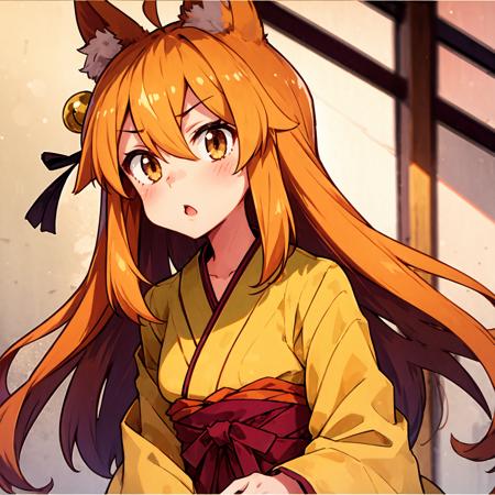 Masterpiece, best quality, perfect lighting, 1girl, solo, suzu, fox ears, fox tail, brown eyes, orange hair, yellow miko kimono, bell hair ornament, medium hair, ahoge, hair between eyes, mouth closed, <lora:Suzu:0.6>,