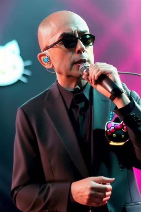 photo of sks man with a microphone in the hand, black suit of ((hello kitty)), with dark aviator glasses, over the stage, neon lights in the background, 8k, high detailed<lora:ind1o:0.85>