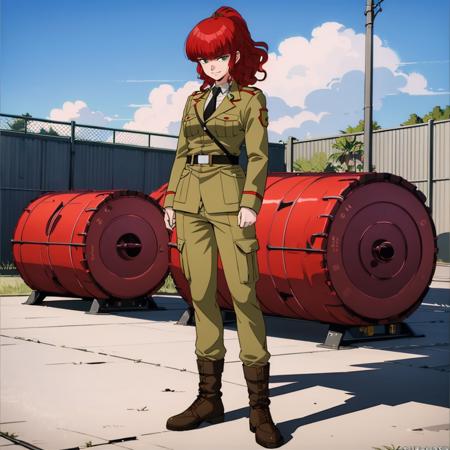 masterpiece,best quality,solo,outdoors,
<lora:jungfreud001:0.7>,looking at viewer,smirk,
jungfreud,1girl,
short hair,ponytail,wavy hair,red hair,blunt bangs,green eyes,
collared shirt,necktie,jacket,military uniform,
cargo_pants,
boots,full body,standing,