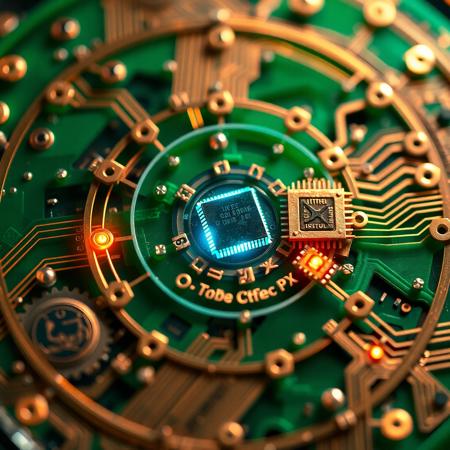 An ancient Greek Antikythera Mechanism reimagined as a futuristic circuit board. Translucent green PCB layers replace the bronze gears; delicate copper traces snake around miniature surface-mount chips and glowing LED indicators that form zodiac symbols. Hyper-realistic macro close-up, ultra-detailed, intricate fusion of mechanical and electronic elements, dramatic ambient lighting, shallow depth of field, 8K resolution, cinematic composition.