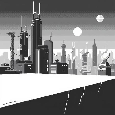 Monochrome pixel art high-tech background, inspired by the Chrome Dino game. Minimalist 8-bit style with clean, black-and-white design. Elevated flat ground with a futuristic, sci-fi cityscape in the background. Blocky skyscrapers, antennas, glowing panels, and cables stretching between buildings. Distant satellite dishes and robotic structures. Ground remains simple with a smooth, slightly elevated surface, maintaining the original Dino game's aesthetic. Low resolution, simple shading, clean outlines, retro side-scrolling platformer style.