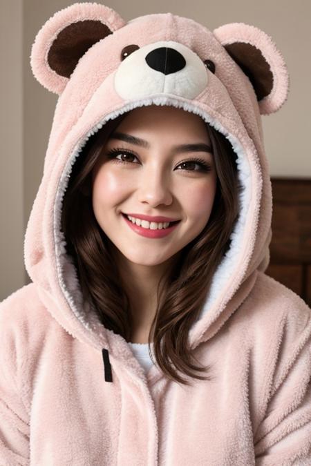DI_belle_delphine_v1, <lora:DI_belle_delphine_v1:0.5>, (25 years old), smiling, long hair, modern photo, wearing (bear costume), <lora:BearCostume:0.4>, (portrait), cute bear onesie pajamas, super soft light pink plush fabric, fluffy hood, adorable bear hood, (35mm, F/2.8) Photo Focus, DOF, Aperture, insanely detailed and intricate, character, hypermaximalist, beautiful, revealing, appealing, attractive, amative, hyper realistic, super detailed, beautiful woman, ((detailed eyes)), long eyelashes, (glossy lips), in her bedroom, sfw,bear costume, belle-delphine