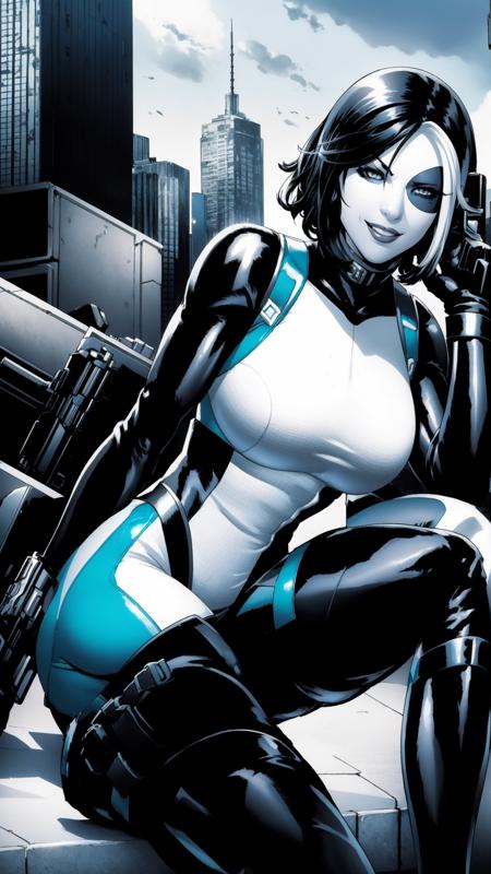 dono a woman, black and white skintight costume, gray skin, black spot on left eye, short black hair, one white strand of hair, blue eyes, black boots, a woman, black skintight costume, gray skin, black spot on left eye, short black hair, blue eyes, belt,