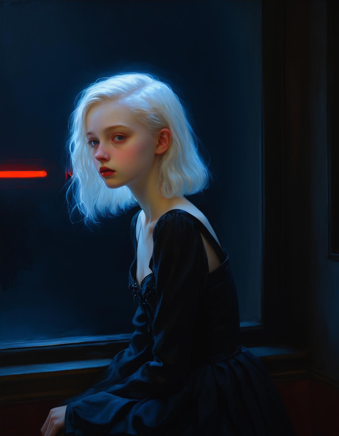 oil painting, masterpiece, high quality, Oil Painting, cute, eyelashes, petite albino teen girl, by Albert Lynch, Abbott Handerson Thayer, highly detail, best quality, shy, exposed shoulders, pure white skin, long flowing white hair, innocent, sad, graceful, wearing a futuristic shiny black dress, looking out the window into a cyberpunk city with a lot of red neon lights, corseted, oil painting, pale skin, white skin, neon lights, cyberpunk, high angle, focus on the girl, cinematic lighting, dramatic lighting, shadow and light, Masterpiece, intricate lines, intriguing atmosphere, sharp magnificent details, delicate features, elaborate details, (2\3 rule composition:0.5), ultra detailed, romantic, Rembrandt lighting, brush strokes