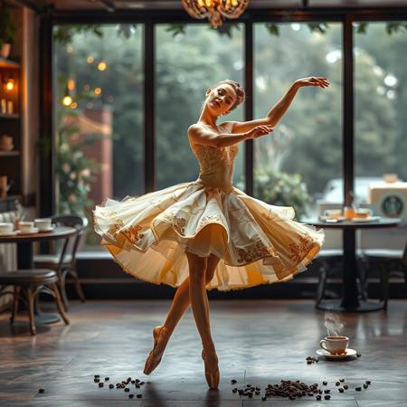 Create an image of a ballerina performing a graceful caruchino dance. The ballerina is dressed in a unique costume made of coffee foam, which looks like a light and airy cloud. The costume should have gold, cream and gold, imitating the texture and color of coffee with milk. The background shows a cozy coffee shop with soft lighting, tables and chairs are visible. There are cups of coffee and desserts on the tables, creating a cozy atmosphere. You can add coffee—related elements around the ballerina, such as coffee beans or steam rising from cups. The ballerina looks elegant and confident, with graceful movements of her arms and legs. The lighting should be warm and soft, with the addition of the texture of the costume and the atmosphere of the dishes." This software can be used to generate images in various graphic editors or AI image generators.