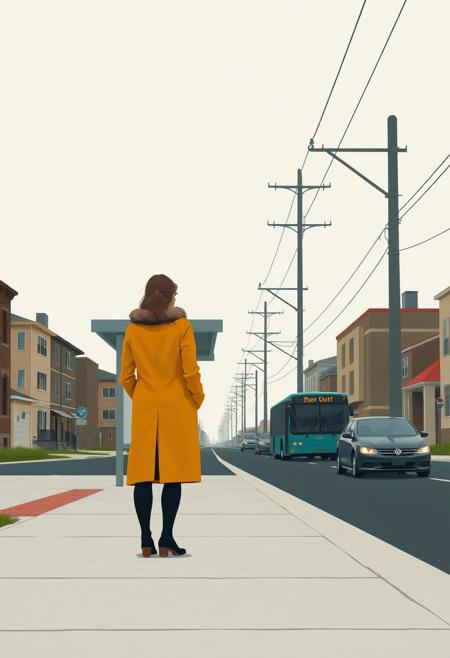 A woman in a mustard coat waits at a bus stop in a quiet industrial town, power lines stretching across a clean geometric sky., stylized realism, simplified forms, geometric composition, muted color palette, clean lines, Canadian landscapes, modern urban scenes, mid-century aesthetic, flat perspective, emotional detachment, angular architecture, minimal textures, cool lighting, symbolic figures, structured layout, contemporary realism, everyday moments, graphic painting style, subtle social commentary, restrained emotion