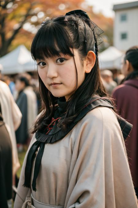 RAW photo of sumetal, Poncho at Autumn Flea Market, (high detailed skin:1.2), 8k uhd, dslr, soft lighting, high quality, film grain, Fujifilm XT3, <lora:sumetal:1>