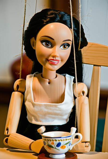 A oak marionette, sits at a table, backlit by a dusty amber shaft piercing attic gloom. 
Caravaggio-inspired chiaroscuro carves its face: knotted grain, chipped paint eyelids. Monochrome mahogany tones clash with spectral cobalt shadows cast by tangled threads. miniature porcelain teacup, rests near wooden fingers.
Mood: happy, smiling.