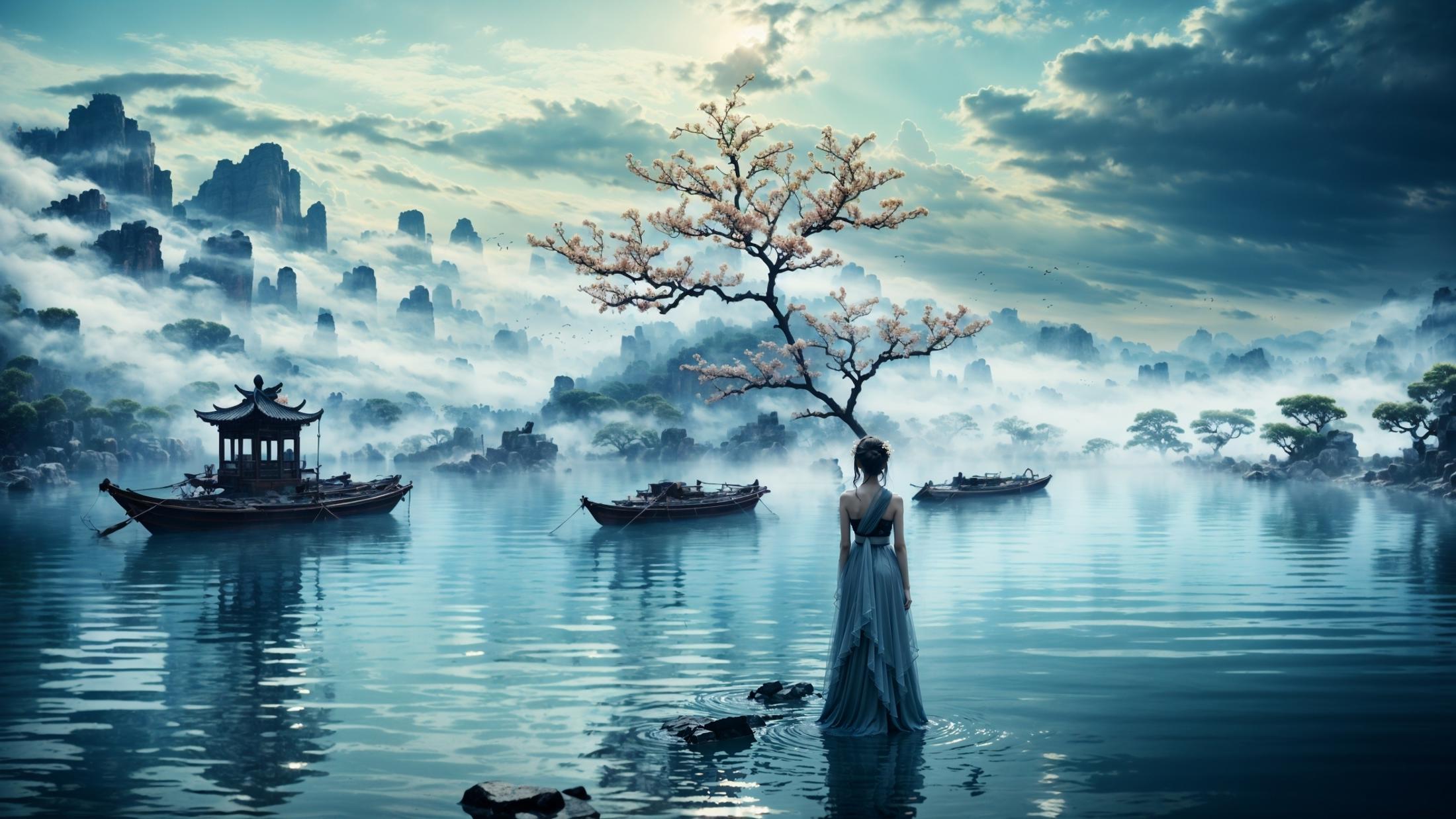 A woman in a flowing dress stands by a tree overlooking a lake with several boats.