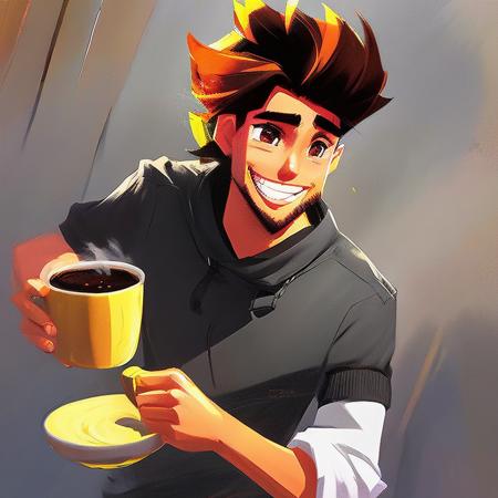 A portrait of a man reaching for a cup of coffee with a silly smile on his face sda768