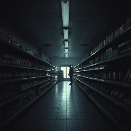 A liminal space inside a nearly pitch-dark supermarket, its long aisles stretching into an eerie, endless void. The dim, flickering overhead lights barely illuminate the cold tile floor, casting elongated shadows that shift unnaturally. The shelves are still stocked, but something feels off—products are misaligned, some labels are faded as if they’ve been here for decades. The soft hum of the refrigeration units is the only sound, blending with the distant crackle of an old speaker playing a distorted, barely-audible supermarket jingle.
Then, in the background, something is there. Watching. Waiting.
Between the aisles, beyond the last flickering light, stands a tall, shadowy figure. Slenderman. Motionless. His featureless face is barely visible through the darkness, yet you feel his gaze pressing down on you. His unnaturally long limbs seem to stretch with each blink, shifting, closing the distance ever so slightly whenever you look away. The atmosphere is suffocating—something is wrong, but you can’t leave.
The automatic doors stand still, locked in place. The checkouts are empty, yet the scanner beeps randomly, as if something unseen is purchasing items in the void. Your pulse quickens. The fluorescent lights buzz louder. The air grows heavier.
You shouldn’t be here.
But now… he knows you are.