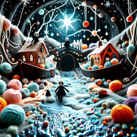 A darkly whimsical, Tim Burton-inspired surreal yarn covered sewer tunnel, smooth polished chromium walls inlaid with vibrant yarn, glinting lerie stars. Raging crystalline water rushes through a canal shaped with golden ratio curves and swirling fractal eddies. A crooked, gothic candy-colored boat, reminiscent of the Charlie and the Chocolate Factory tunnel boat, drifts through the canal. Strange characters with long, thin limbs, stitched clothes, and pale, ghostly faces — inspired by Jack Skellington and James and the Giant Peach — paddle madly in unison, their expressions gleeful yet slightly unsettling. The tunnel crazy yarn decorations with Burton’s twisted, spindly elven architecture: archways curve like spider legs, organic shapes loom overhead, glowing bioluminescent gems cast spooky shadows, and kaleidoscopic reflections flicker on the chrome walls. The atmosphere is darkly magical, Gothic and playful, ultra-detailed, cinematic, with a Tim Burton-style stop-motion vibe, rendered in Unreal Engine and 8K.  cinematic lighting with rim lights, highlights, and visible micro-textures, Macro photography, ray-traced reflections, National Geographic detail