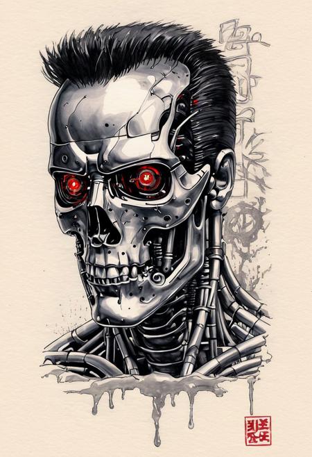 terminator t-800, sumi-e, scroll, ideogram