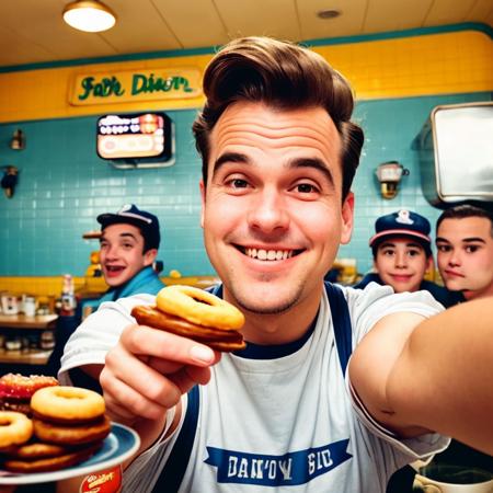 Selfie512,  man standing in a 1950's style diner with piles of donuts on the counter in the background