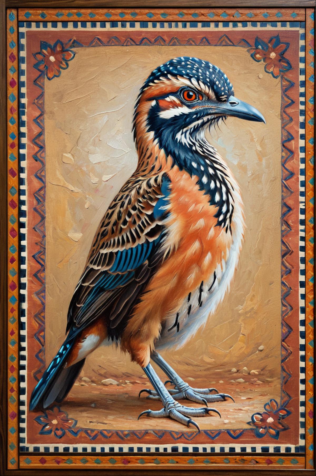 A colorful bird with blue and orange feathers, standing on a dirt ground.