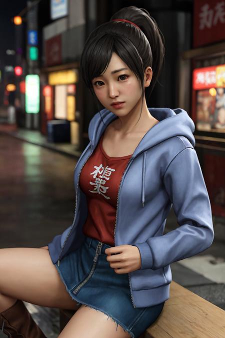 sawamura haruka, ryu ga gotoku, yakuza, in the district of Kabukicho, small breasts, red t-shirt, denim skirt, grey hoodie jacket zipped down, hoodie down, brown boots, cute, kawaii pose, looking at viewer, (((best quality, masterpiece))), (((extremely detailed))), RAW photo, realistic, cinematic lighting, best quality, 8k uhd, realistic, (unreal engine 5), <lora:Sawamura Haruka:1>,