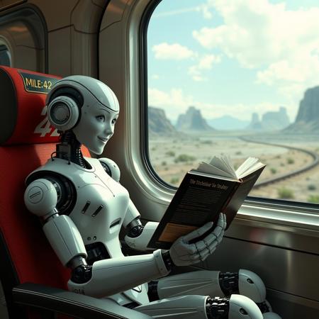 Robot humanoid woman sitting in futuristic train and reading a book "The Hitchhiker's Guide to the Galaxy", she is laughing. Train is passing by mile post nr 42. There is clock showing time 4:42 in train. train is passing by futuristic landscape.